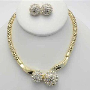 Gold with Clear Dome Rhinestone Necklace Set